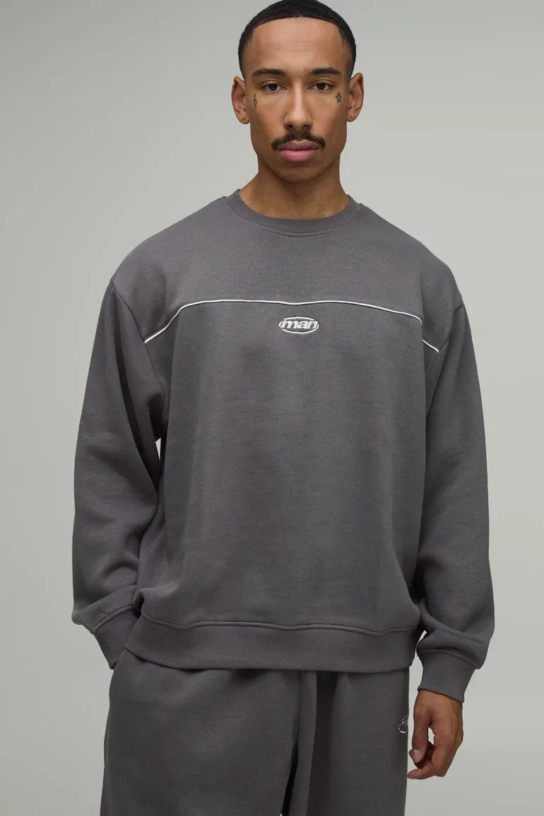 Oversized Embroidered Man Sport Piping Sweatshirt & Baggy Jogger Tracksuit - charcoal - 1
