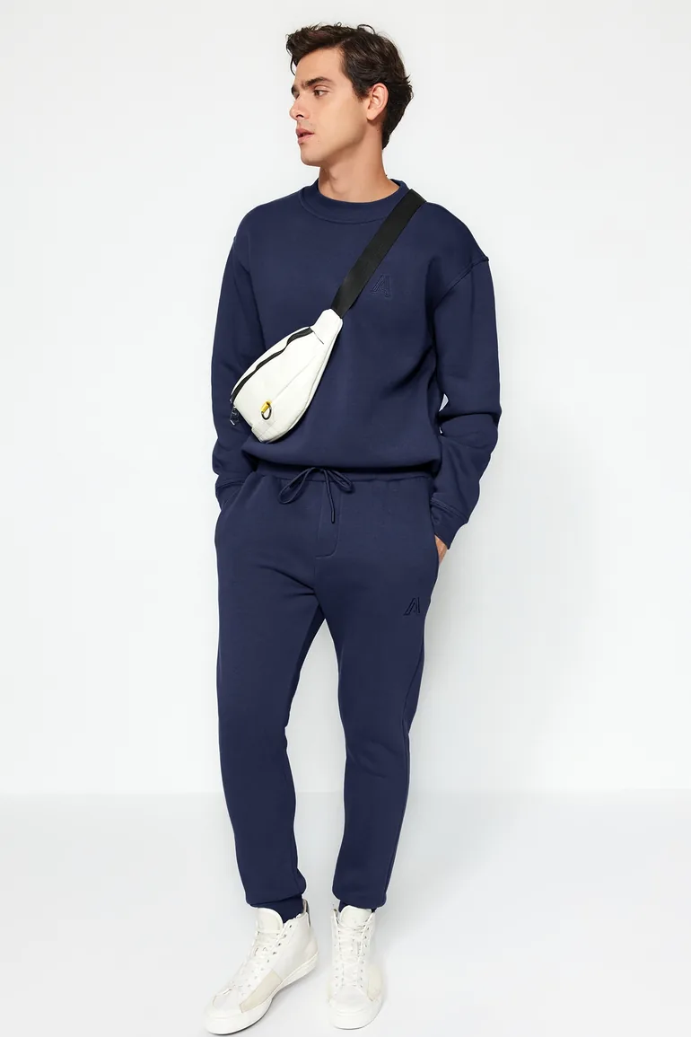 Navy Blue Regular/Normal Cut Letter Embroidered Jogger Sweatpants v