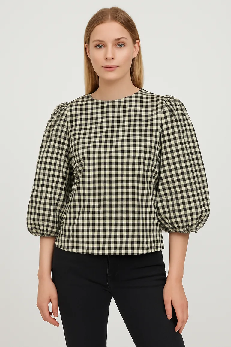 Gingham Crew Neck Blouse