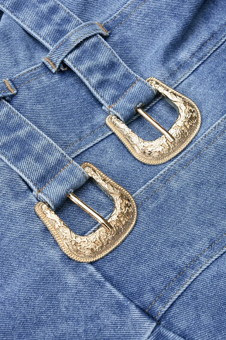 Denim Metallic Double Belted Sleeveless Mini Dress - 3