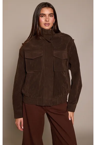 Chocolate Plum Funnel Neck Pocket Detail Faux Suede Bomber