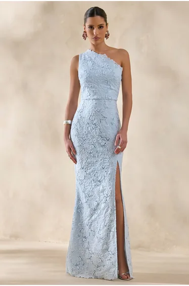 Lunia | Powder Blue Broderie Asymmetric-Neck Maxi Dress
