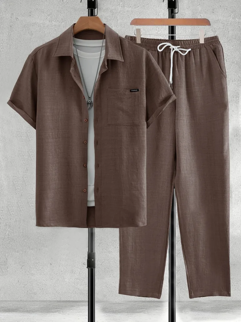 Men Brown Solid Shirt and Pants Co-ords