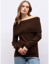 Regular Fit Off Shoulder Flat Knit Sweater - 2