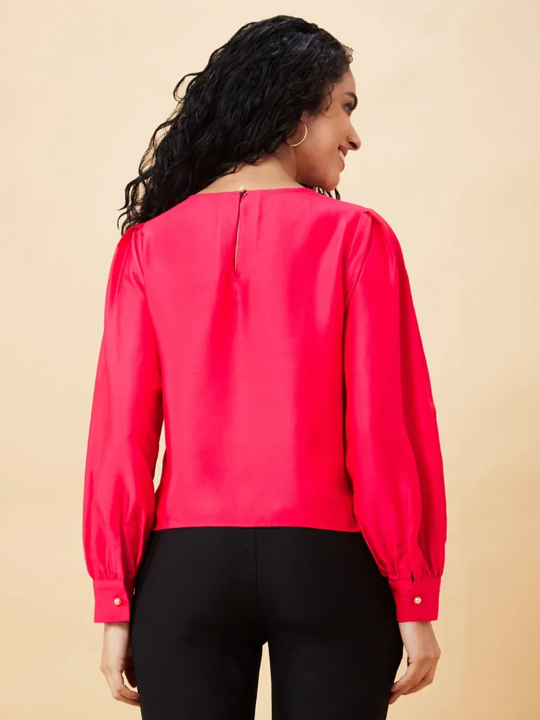 Solid Round Neck Balloon Sleeve Top - 4