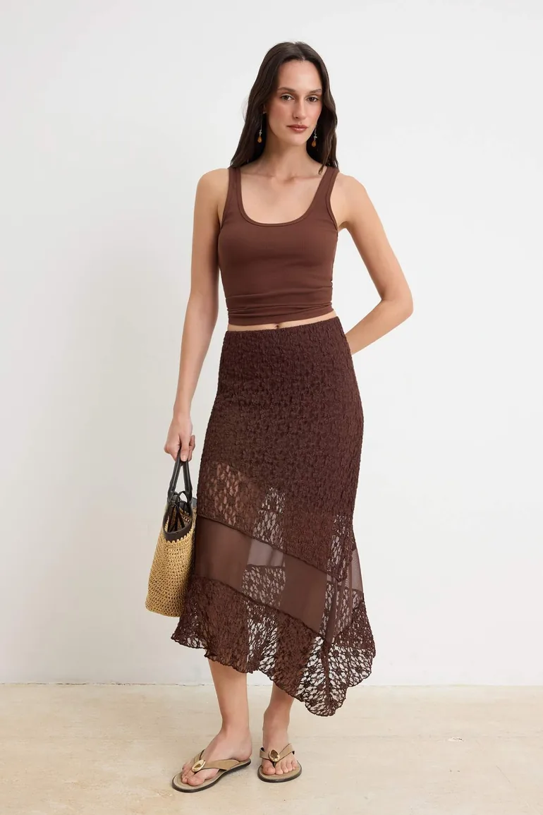 Brown A-Line / Bell Shape Asymmetrical Normal Waist Midi Lace Knitted Skirt