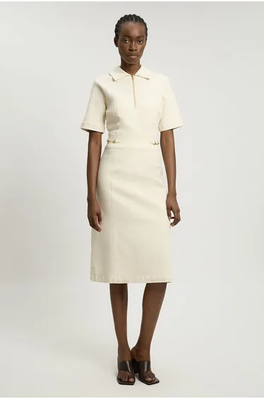 Stretch Denim Snaffle Trim Collared Midi Dress