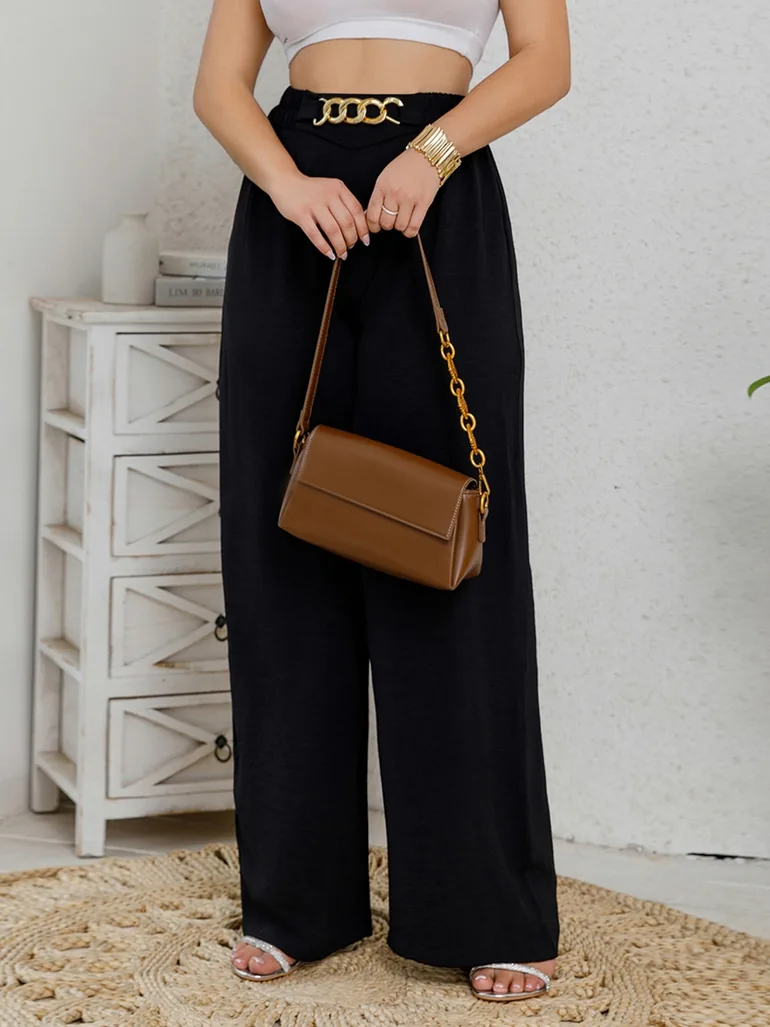 Black Wide Leg Trousers with Gold Chain Detail - 2