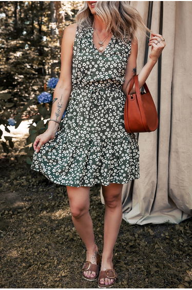 Lvness Green Boho Floral Print V Neck Tunic Sleeveless Dress