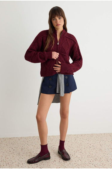 Burgundy Hair Braid Detailed Thick Stand Collar Knitwear Cardigan