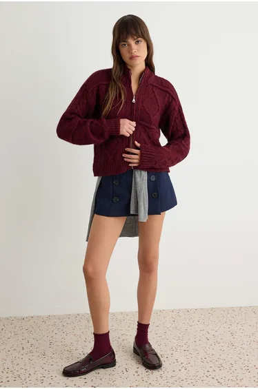 Burgundy Hair Braid Detailed Thick Stand Collar Knitwear Cardigan