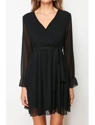 Black Chiffon A-Line Mini Party Dress with Long Sleeve - 2