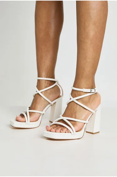 Wide Fit Strappy High Block Heels - white