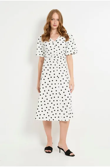 Spot Jersey Ruched Puff Sleeve Midi Dress