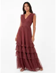 Anaya With Love Recycled Rusted Rose Flutter Sleeve Ruffle Maxi Dress