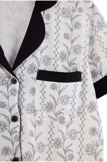 Black-White 100% Cotton Floral Cuffed Knitted Pajamas Set product thumbnail 4