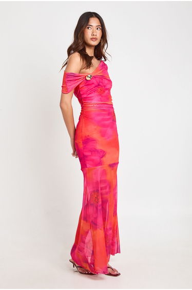 Floral Printed Gold Trim Asym Neck Maxi Dress - pink product thumbnail 3