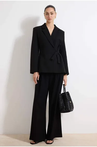 Black Double-Breasted Closure Buckle Woven Blazer Jacket