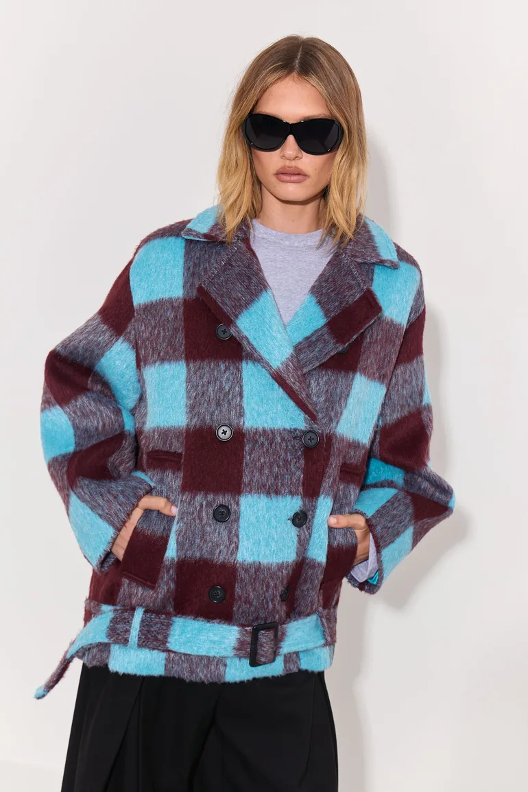 Check Wool Blend Double Breasted Blazer Coat - 3