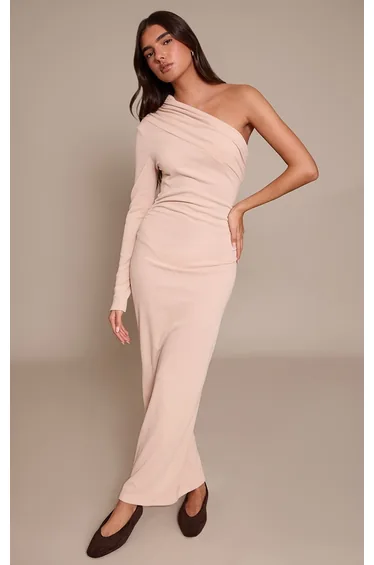 Stone Brushed Rib One Shoulder Asymmetric Ruched Maxi Dress