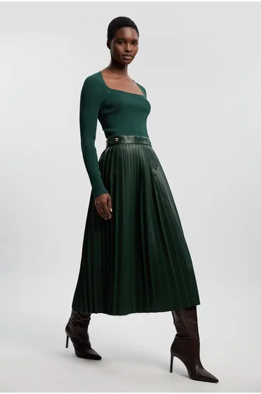 Viscose Rib Pu Mix Tab Detail Pleated Knit Midi Dress