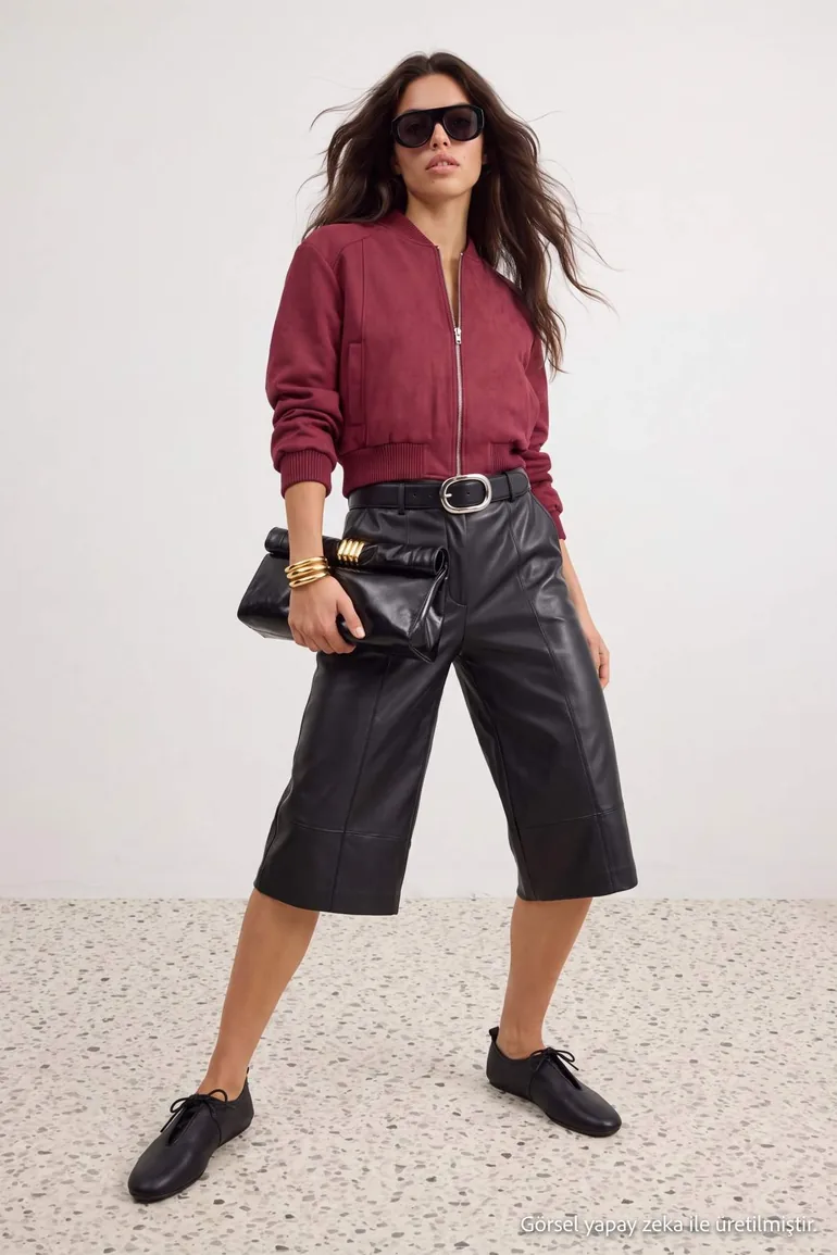 Red Regular Fit Suede Bomber Jacket Coat - 5