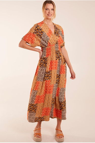 Abstract Patchwork Pattern V Neck Maxi Dress