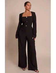 Shape Black Tailored Hammerd Button Wide Leg Jumpsuit - 5