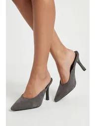 Wide Fit Faux Suede Court Heel Mules - grey