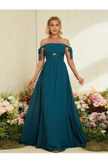 Leely Teal Off-the-Shoulder Chiffon Bridesmaid Dress with Bow Ties