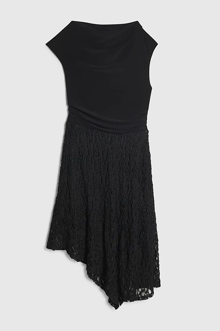 Petite Black Lace Hybrid Drape Dress