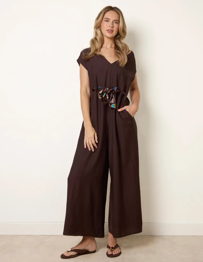 Belted Tie Drawstring Scarf Jumpsuit - 1