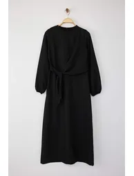 Black Linen Look Woven Dress - 4