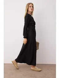 Black Linen Look Woven Dress - 1