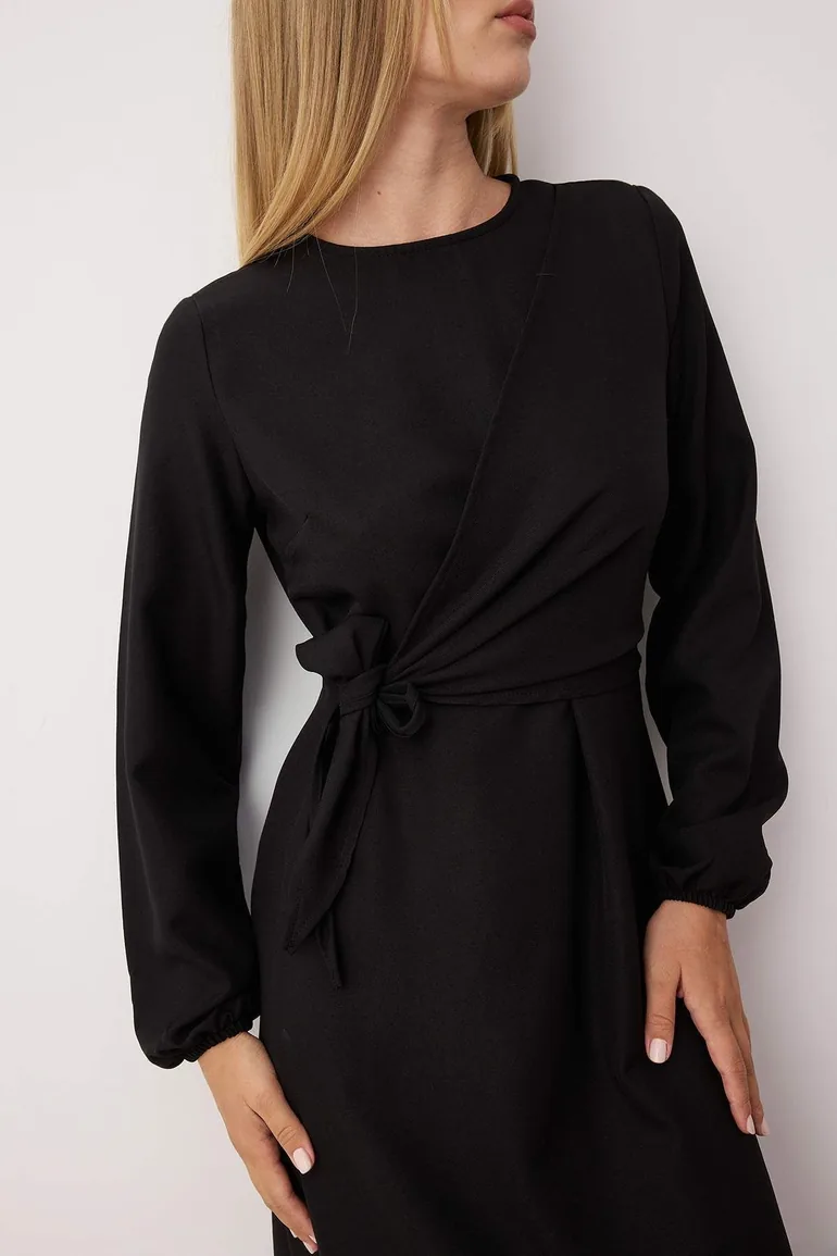 Black Linen Look Woven Dress - 2
