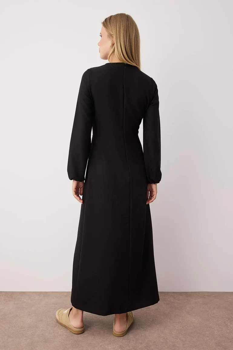 Black Linen Look Woven Dress - 3
