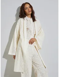 Off-White Schiffli Knee Length Kimono - 1