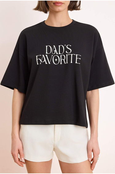 Black Slogan Boxy Fit Low-Cut Short Sleeve Tok 100% Cotton Knitted T-Shirt product thumbnail 3