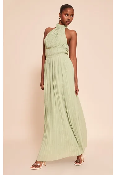 Sage Extreme Pleated High Neck Sleeveless Maxi Dress