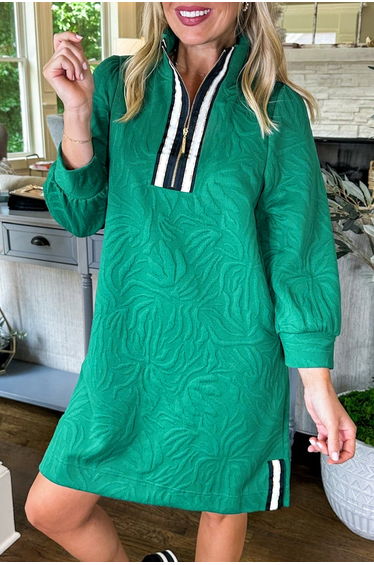 Lvness Sea Green Jacquard Textured Quarter Zipper Shift Mini Dress product thumbnail 2