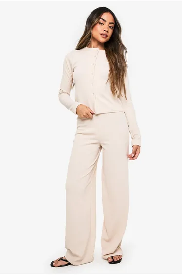 Rib Cardigan and Wide Leg Trouser Co-ord - ecru