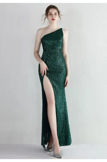 One Shoulder Sequins High Slit Gown in Emerald