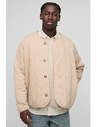 Oversized Washed Twill Quilted Collarless Bomber Jacket