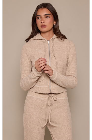 Natural Brushed Waffle Rib Zip Up Top