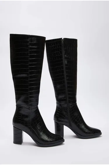 Black block heel women's crocodile women's boots