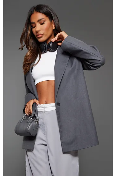 Charcoal Woven Oversized Drapey Button Detail Blazer