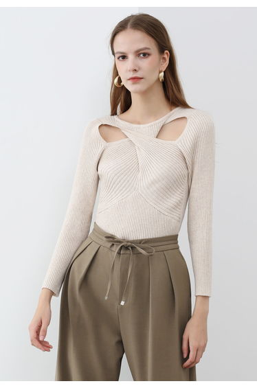 Twist Cutout Neck Ribbed Knit Top in Ivory