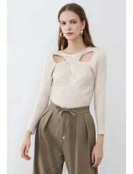 Twist Cutout Neck Ribbed Knit Top in Ivory