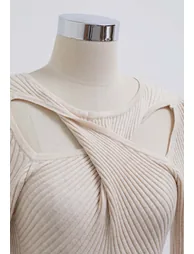 Twist Cutout Neck Ribbed Knit Top in Ivory - 4