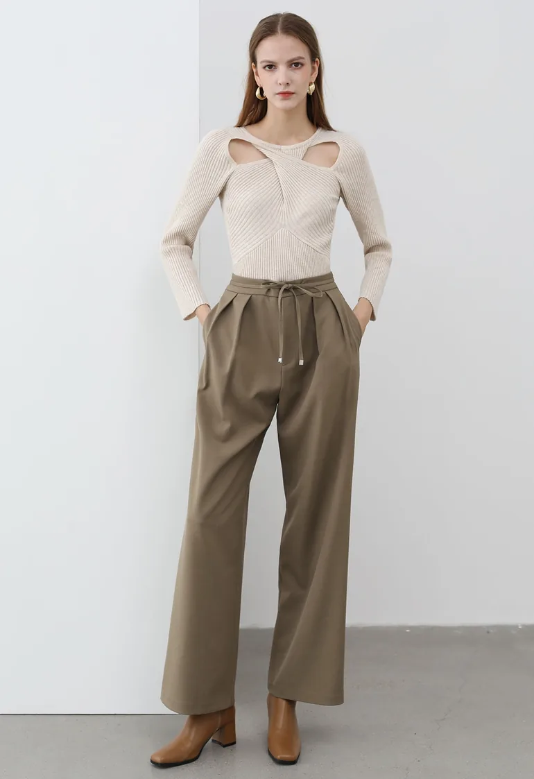 Twist Cutout Neck Ribbed Knit Top in Ivory - 1